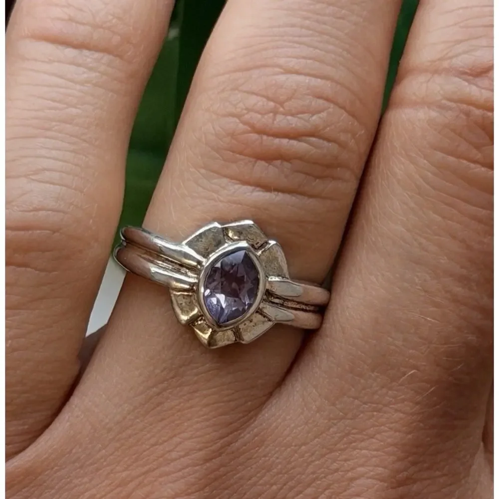 925 Sterling Silver Marquise Cut Art Deco Purple Amethyst Ring Size 8